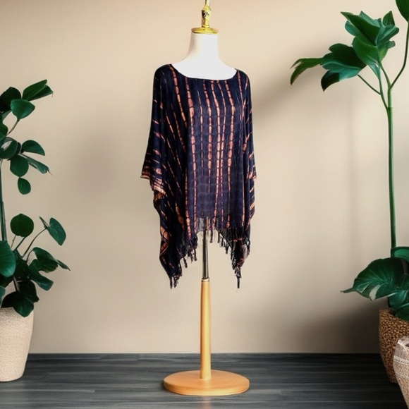 0106/ Black Brown Poncho, Swim Cover up,  Loose Tunic - Picture 1 of 9